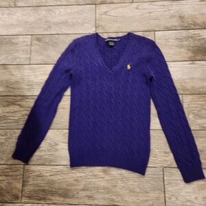Ralph Lauren Sport Purple Cable Knit V-Neck Sweater Yellow Pony Medium